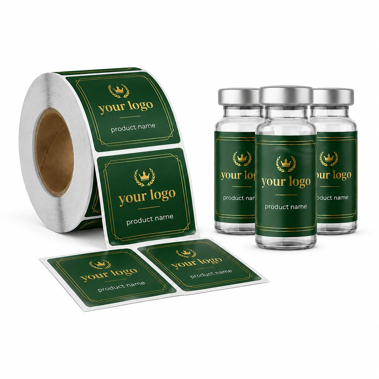Dark Green & Gold Vial Labels: custom label design reference P02